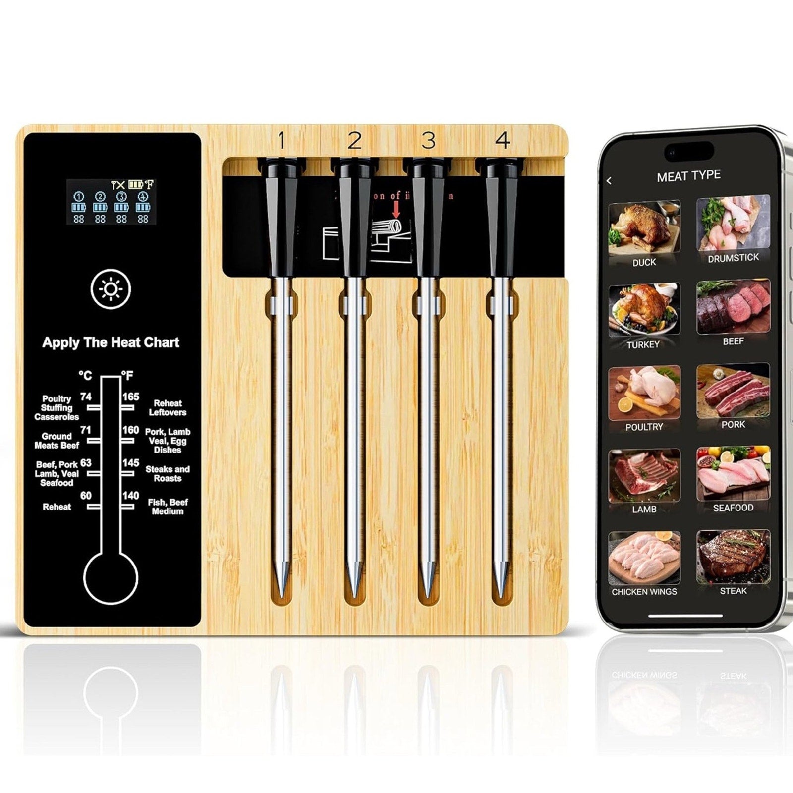 Smart Wireless Meat Thermometer 4 Probes, Bluetooth Food Thermometer Remote Trac